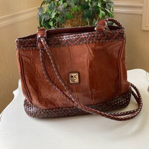 M C Brown Embossed Faux Shoulder Bag